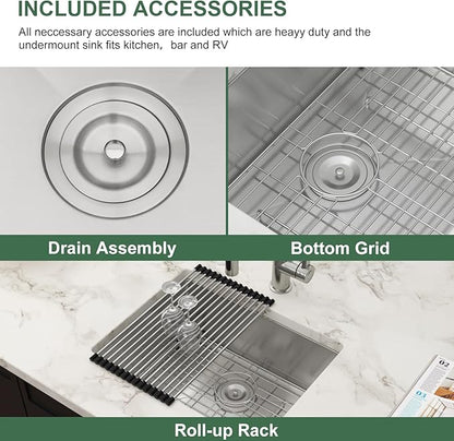 23 Inch Undermount Bar Sink 16 Gauge Stainless Steel Single Bowl RV Sink Small Rectangular Under Counter Kitchen Sink Basin 23"x18"x9"