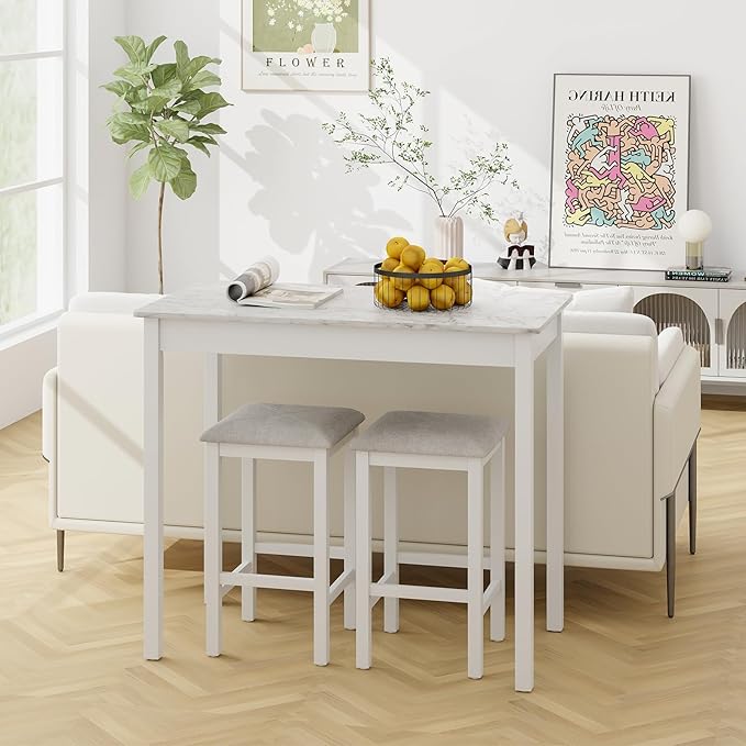 COSTWAY 3-Piece Dining Table Set, Counter-Height Bar Table with 2 Upholstered Bar Stools, Rubber Wood Legs, Anti-Slip Foot Pads, Modern Furniture Set for Dining Room, Kitchen, White+Grey