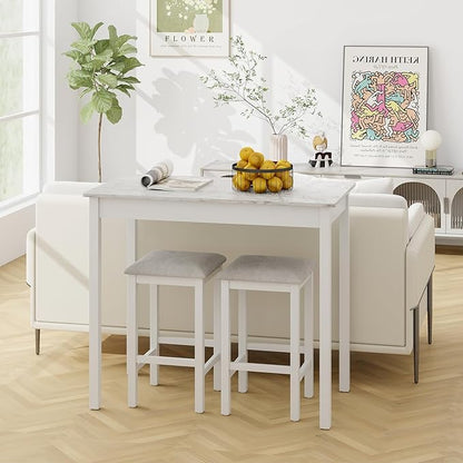 COSTWAY 3-Piece Dining Table Set, Counter-Height Bar Table with 2 Upholstered Bar Stools, Rubber Wood Legs, Anti-Slip Foot Pads, Modern Furniture Set for Dining Room, Kitchen, White+Grey