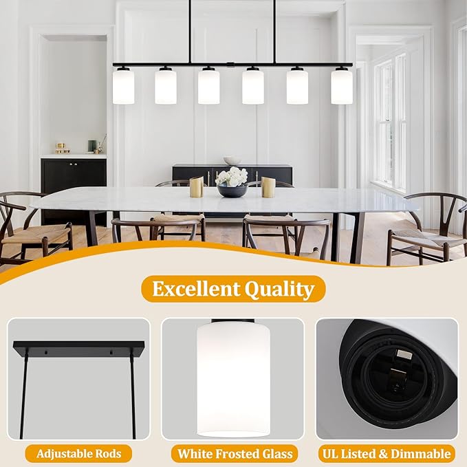 45.27'' Modern Farmhouse Kitchen Island Light, 6-Light Island Lights for Kitchen, Dining Room Light Fixture, Black Hanging Pendant Light with Milk Glass Shade, Linear Chandelier with Adjustable Rod