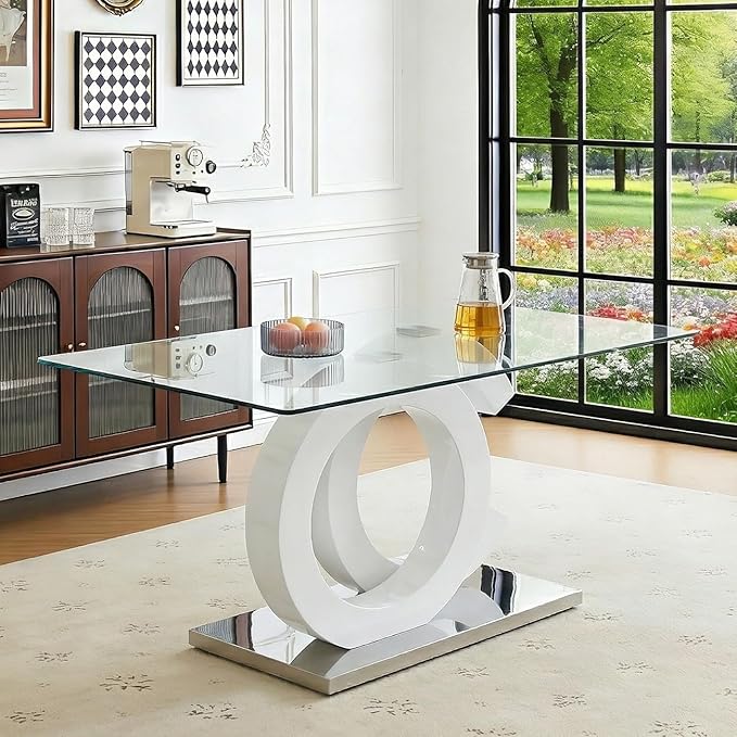 Ebullient 63" Glass Dining Table, Modern Rectangular Glass Kitchen Table, Tempered Glass Top with White OC Design Base Dining Room Table for 4-6，Kitchen