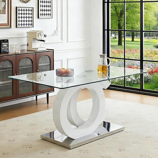 Ebullient 63" Glass Dining Table, Modern Rectangular Glass Kitchen Table, Tempered Glass Top with White OC Design Base Dining Room Table for 4-6，Kitchen