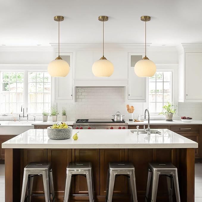 Mid Century Milk Glass Pendant Light Fixture Antique Brass Kitchen Pendant Light Ribbed Glass Ceiling Light Small Globe Pendant Lamp Vintage Gold Pendant Lighting (2 Pack)