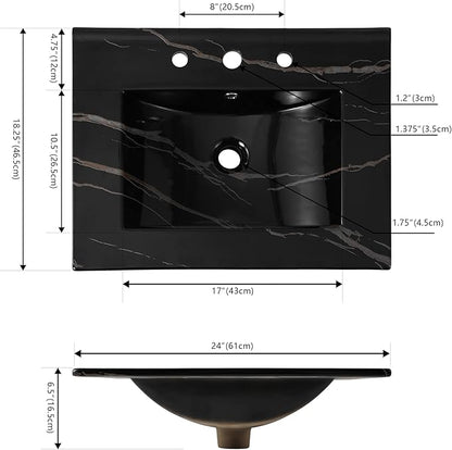JONATHAN Y SNK1001D Ancillary 3-Hole 24 in. W x 18.25 in. D Classic Contemporary Rectangular Ceramic Single Sink Basin Vanity Top, Black Marble Effect