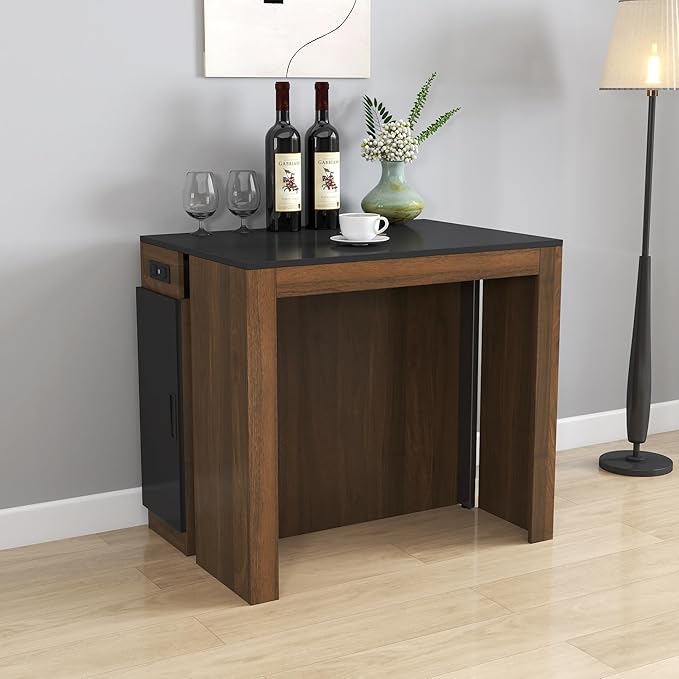 Modern Extendable Dining Table for 4-6 People with Outlet, Multifunctional Foldable Dinner Kitchen Table with Storage, Walnut+Black