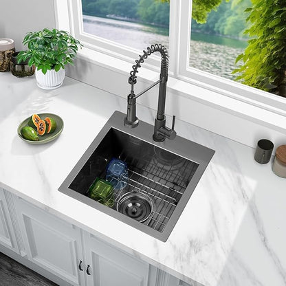 FRANIC 15" Handmade Black Bar Workstation Sink, 15" x 15" x 9" Stainless Steel Matte Nano Black Topmount Single Bowl Small Kitchen Outdoor Sink