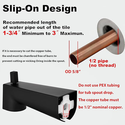 Kedra 7-Inch Tub Spout, Extra-Long Slip On Diverter Tub Spout, Replacement Bathtub Spout with Diverter, Matte Black (for 1/2" Copper Water Tube)