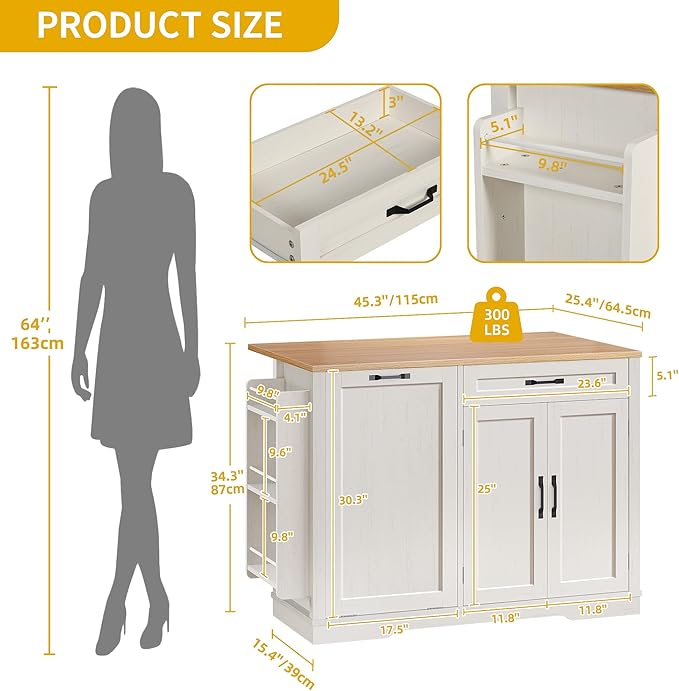 DWVO Tilt-Out Kitchen Trash Cans Cabinet, 50 Inch Rolling Kitchen Island with Drop Leaf, Portable Mobile Storage Island, Hidden Waste Bins Cabinet for 13 Gallon Garbage Bin, White Oak