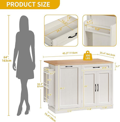 DWVO Tilt-Out Kitchen Trash Cans Cabinet, 50 Inch Rolling Kitchen Island with Drop Leaf, Portable Mobile Storage Island, Hidden Waste Bins Cabinet for 13 Gallon Garbage Bin, White Oak