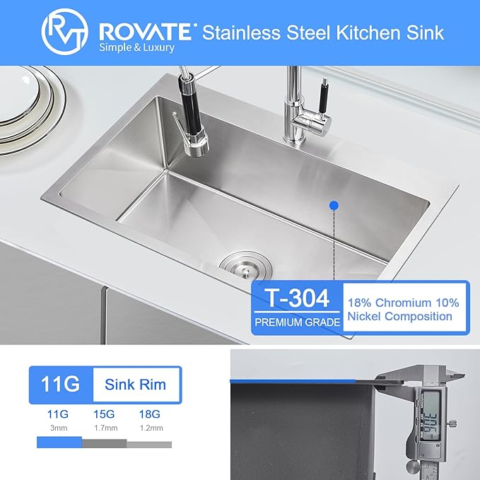 ROVATE 26 ×18 inches Drop-in Kitchen Sink Single Bowl 304 Stainless Steel, Handmade 9 Inches Deep Topmount Kitchen Sink with 1 Hole