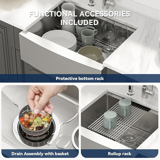 Lordear Farmhouse Sink 27 Inch Stainless Steel Farmhouse Kitchen Snk Apron Front Ledge Workstation 16 Gauge Stainless Steel Deep Single Bowl Kitchen Sinks
