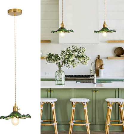 Pendant Light Fixture Glass Hanging Light Flower Light Fixture Pendant Lights Modern Lighting Bedroom Kitchen Island Hallway Bathroom Green Wave Style