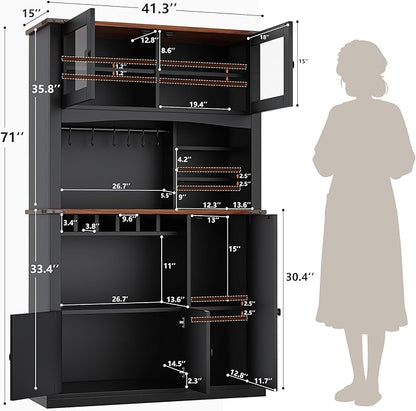 Einhomn 71" Tall Kitchen Pantry Cabinet with Charge Station, 3 Adjustable Shelves, Wine Rack and Glass Door, Kitchen Hutch for Dining Room, Kitchen and Living Room, Black