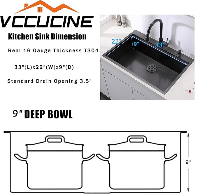 VCCUCINE 33x22 Inch Black Drop In Kitchen Sink,33 Gunmetal Black Single Bowl Stainless Steel Topmount Workstation Kitchen Sink Laundry Sink,Top mount 2 Hole Kitchen Sink with Cutting Board & Strainer