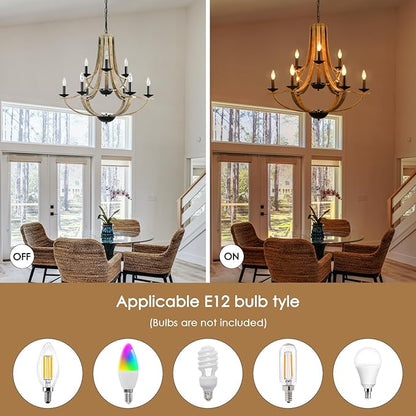 LAMPKEDUO Farmhouse Chandeliers for Dining Room Light Fixture, 9-Light 31" Adjustable Height Retro Faux Wood Texture Rustic Light Fixtures for Living Room Bedroom Kitchen Island Foyer Entryway