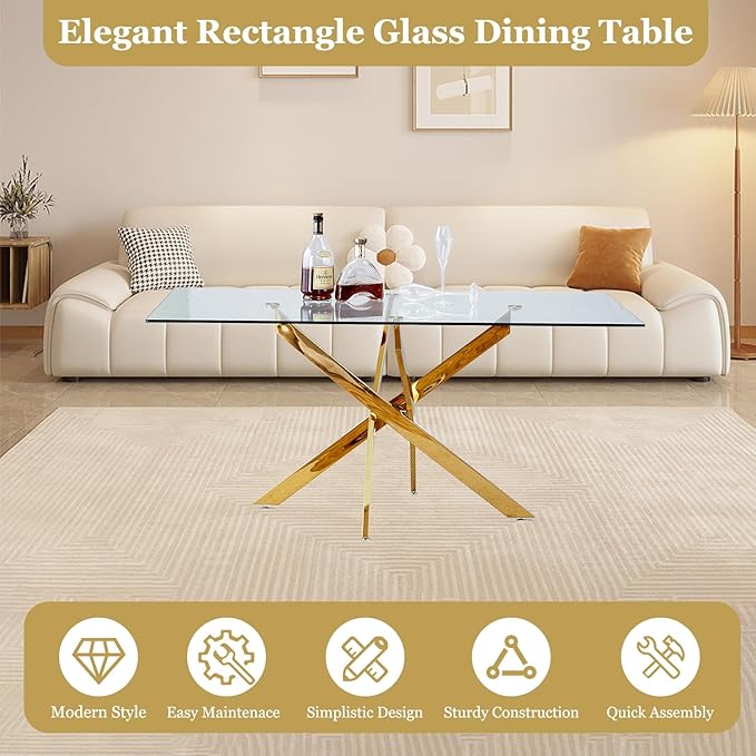 63" Glass Dining Table for 4-6, Contemporary Rectangular Dining Room Table with Tempered Glass Top & Gold Finish Stainless Steel Legs, Modern Large Dining Table for Home Kitchen