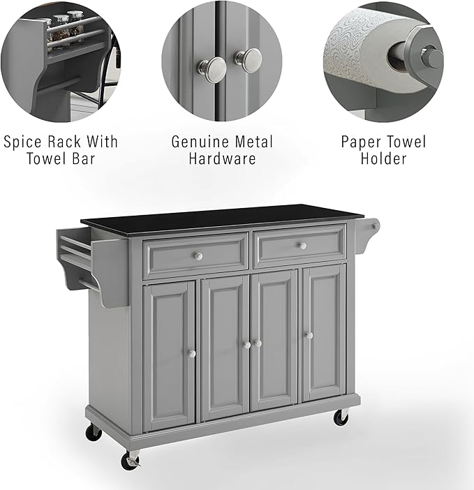 Crosley Furniture Full Size Granite Top Rolling Kitchen Island Storage Cart, Microwave Stand, Spice Rack, Gray