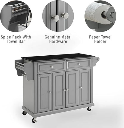 Crosley Furniture Full Size Granite Top Rolling Kitchen Island Storage Cart, Microwave Stand, Spice Rack, Gray