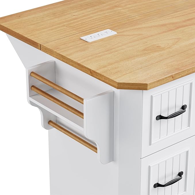 Ball & Cast 56" Large Modern Kitchen Island with Rubber Wood Veneer Drop Leaf, Power Outlet, 6 Drawers, 4 Door Shelves, White