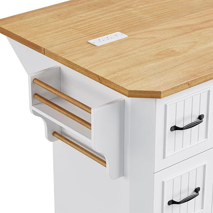 Ball & Cast 56" Large Modern Kitchen Island with Rubber Wood Veneer Drop Leaf, Power Outlet, 6 Drawers, 4 Door Shelves, White