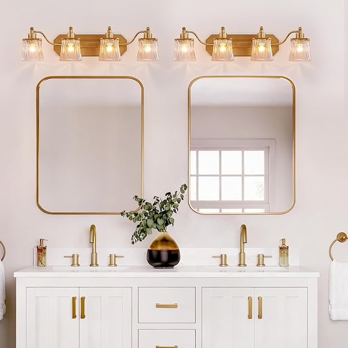 Gold Bathroom Light Fixtures, 4-Light Bathroom Vanity Light with Crystal Glass Shade, Matte Antique Gold Finish Vintage Vanity Light, Brushed Gold Vanity Lights for Bathroom, Bedroom, Hallway