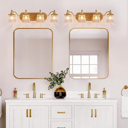Gold Bathroom Light Fixtures, 4-Light Bathroom Vanity Light with Crystal Glass Shade, Matte Antique Gold Finish Vintage Vanity Light, Brushed Gold Vanity Lights for Bathroom, Bedroom, Hallway