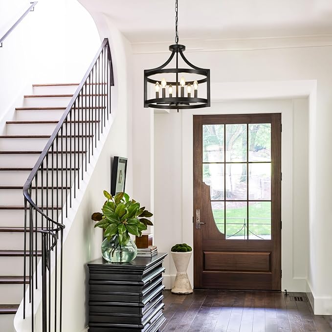 LynPon 6 Lights Large Modern Farmhouse Chandelier, 19" Convertible Semi Flush Mount Ceiling Light Fixture Hanging Light Rustic Round Cage Black Chandelier for Foyer Dining Room Kitchen Entryway