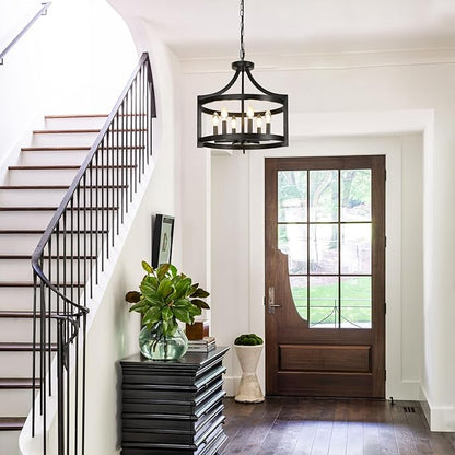 LynPon 6 Lights Large Modern Farmhouse Chandelier, 19" Convertible Semi Flush Mount Ceiling Light Fixture Hanging Light Rustic Round Cage Black Chandelier for Foyer Dining Room Kitchen Entryway
