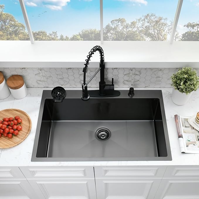 30×22 Drop In Kitchen Sink with Faucet Combo - Black Stainless Steel Drop In Sink with Cup Washer, 9 Inch Deep Single Bowl Sinks and Faucets Combo Set,Top Mount Design for Modern Kitchens