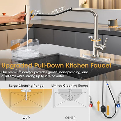 Waterfall Kitchen Faucet with Pull Down Sprayer, ARTIQUA Brushed Nickel Single Handle Kitchen Sink Faucet with Deck Plate Fits 1 or 3 Hole, for Bar RV Laundry Farmhouse Outdoor and Camper