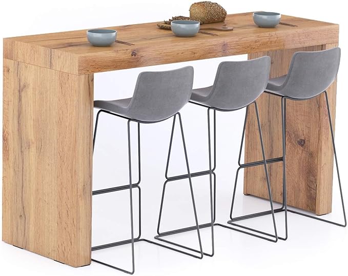 Mobili Fiver Evolution Tall Kitchen Bar Table Made in Italy | Space Saving, Counter Height Table for 6 | Modern Breakfast Bar Counter Top w/Cable Holder | Rustic Oak | 70,9'' x 23,6" in