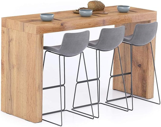 Mobili Fiver Evolution Tall Kitchen Bar Table Made in Italy | Space Saving, Counter Height Table for 6 | Modern Breakfast Bar Counter Top w/Cable Holder | Rustic Oak | 70,9'' x 23,6" in