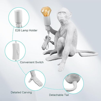 Monkey Desk Lamp, Bedside Monkey Statue Light, Creative Resin Table Light Lighting Fixture for Bedroom, Kids Room, Dining Living Room-White
