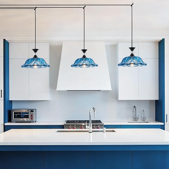 Plug in Black Pendant Light Plugin Kitchen Blue Glass Pendant Lighting Fixtures with Cord Switch Vintage Hanging Lamp for Island Dining Table Bedroom Living Room