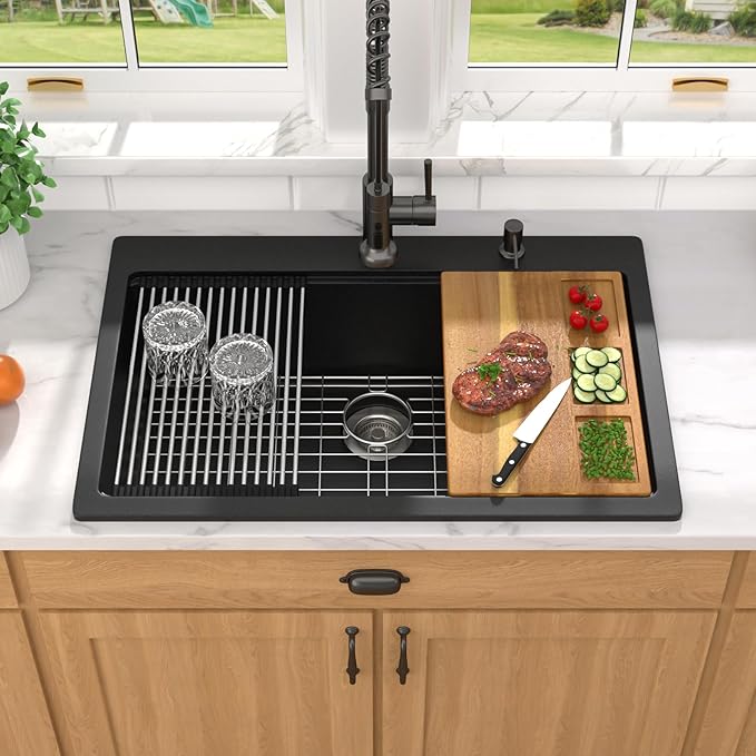 33 Inch Granite Composite Kitchen Sink - 33"x22" Black Drop In Kitchen Sink Ledge Workstation All-In One Matte Black Classic Quartz Topmount Single Bowl Sinks with New-Accessories #TLGT-119