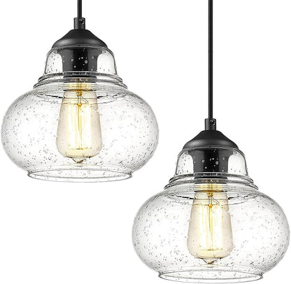 ELYONA 2 Pack Bubble Glass Pendant Light 8 inch Industrial Kitchen Hanging Pendant Light Fxitures Modern Hand Blown Seeded Glass for Farmhouse Dining Room Bar Bedroom Living Room Black