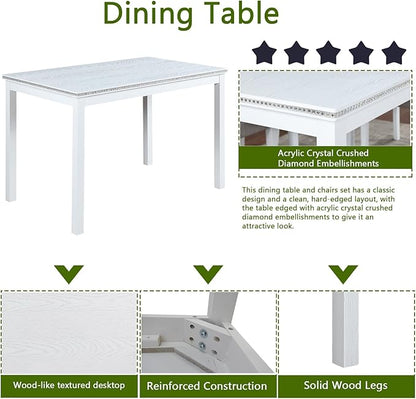 5 Piece Dining Table Set for 4, Rectangular Wooden Kitchen Table with 4 Upholstered Chairs, Elegant White Dining Room Set with Crystal Decoration