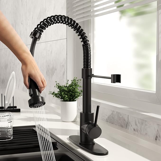 Black Kitchen Faucet with Pull Down Sprayer, High Arc Spring 304 Stainless Steel Commercial Kitchen Sink Faucet,1 or 3 Hole Installation for Farmhouse, RV Camper, Laundry & Utility Sink