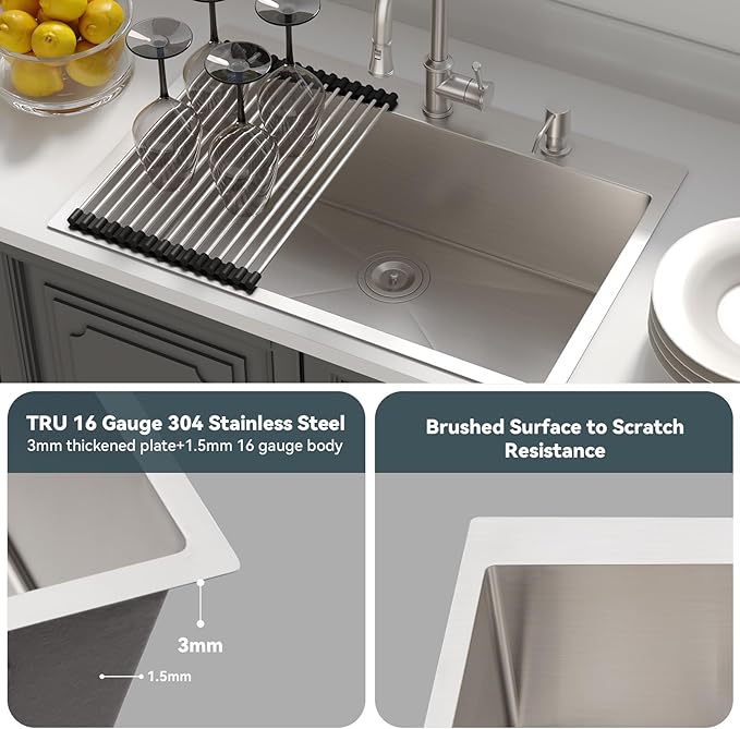 Lordear 30 inch Drop In Kitchen Sink Stainless Steel 16 Gauge Single Bowl Topmount Rectangular Round Corner Kitchen Sinks Overcounter Basin
