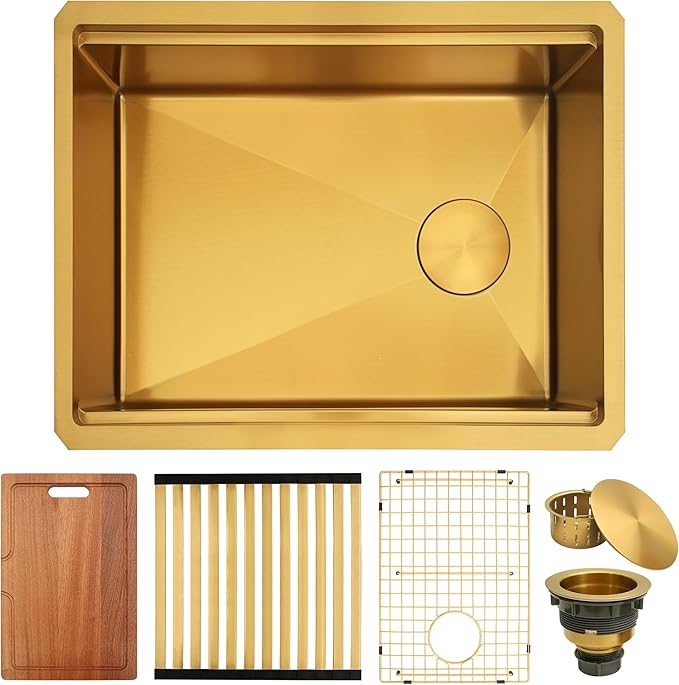 Gold Undermount Kitchen Sink 23 inch,Single Bowl Undermount Sink 16 gauge Stainless Steel,Workstation Kitchen Sinks with Gold Accessories (23" X 18")