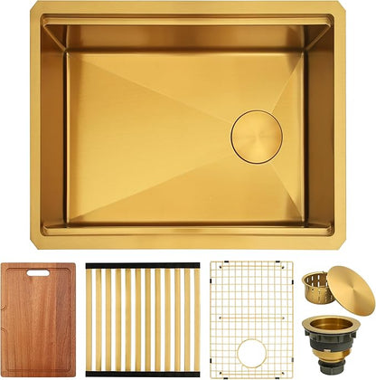 Gold Undermount Kitchen Sink 23 inch,Single Bowl Undermount Sink 16 gauge Stainless Steel,Workstation Kitchen Sinks with Gold Accessories (23" X 18")