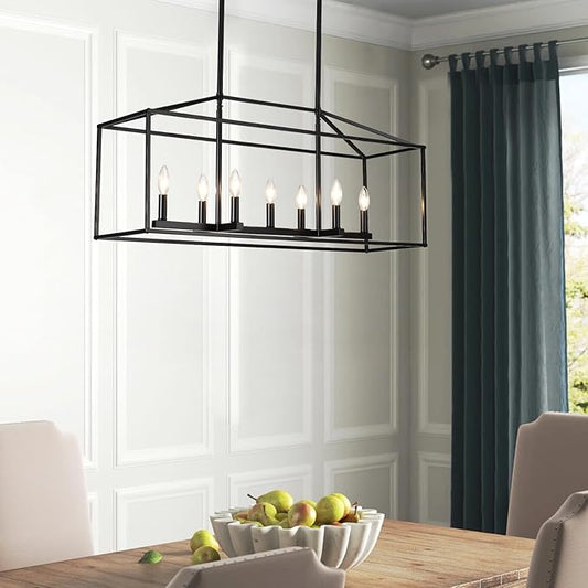 Dining Room Chandelier,7 Light Kitchen Island Light Modern Farmhouse Chandeliers Contemporary Pendant Light Matte Black Finish Rectangle Modern Pendant Light Adjustable Height