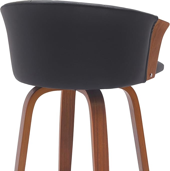 Armen Living Diana 30" Seat Height Mid Century Modern Swivel Walnut Wood Bar Stool for Kitchen Island Counter in Black Faux Leather