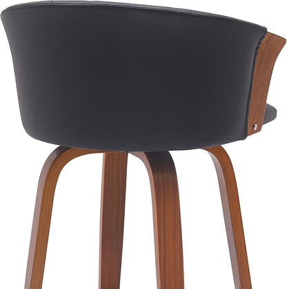 Armen Living Diana 30" Seat Height Mid Century Modern Swivel Walnut Wood Bar Stool for Kitchen Island Counter in Black Faux Leather
