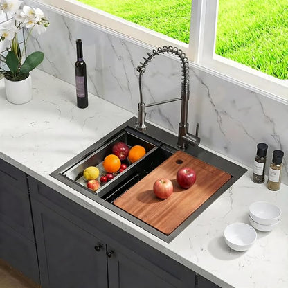 QuietBoy 25" Black Workstation Kitchen Sink, 16 Gauge Stainless Steel Drop-In Single Bowl Sink, Topmount Farmhouse Sink for Kitchen & RV, Deep Basin with Ledge & Accessories (Black, 2522)