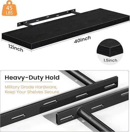 Fun Memories 40 Inch Floating Shelves, 12 Inch Deep Wall Shelves, 40 x 12 Floating Shelf Set of 2, Black Wood Floating Shelf Wall Mounted, Large Kitchen Living Room Bedroom Bathroom Storage Shelves