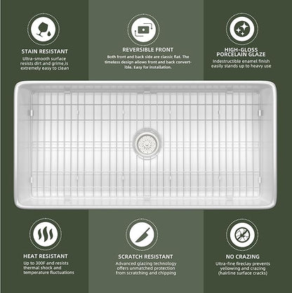 TUKTUK White Farmhouse Sink 36 inch Fireclay Farm Sink Apron Front Single Bowl Kitchen Sinks Deep Large Capacity Porcelain Ceramic Sink Undermount Luxury Bottom Grid & Strainer Drain Included