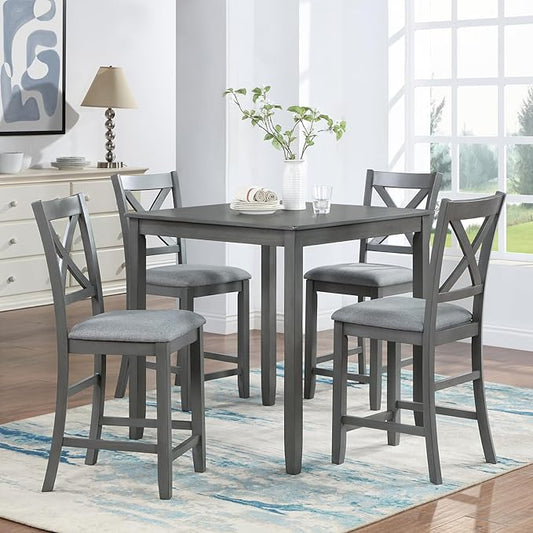 5 Piece Counter Height Dining Table Set for 4, Solid Wood Square Kitchen Table and 4 Upholstered Chairs, Modern Dining Room Table and Chairs Set for Kitchen and Dining Room, Gray