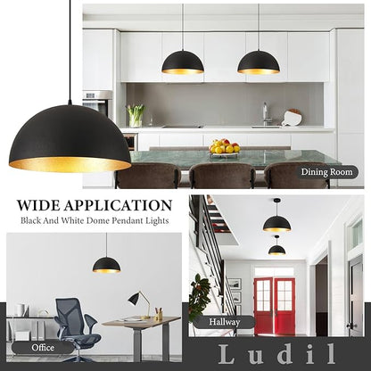 Industrial Pendant Lighting for Kitchen Island, 20 Inch Black and Gold Metal Dome Pendant Light Fixtures, Hemispherical Hanging Ceiling Light E26 Base for Reading Dining Room Foyer Cafe