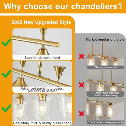37" Dining Room Light Fixture/Chandelier Over Table, 5-Light Brushed Gold Kitchen Island Lighting with Clear Glass Shade, Modern Hanging Pendant Lights Fixture for Kitchen Island, Dining Room, Bar